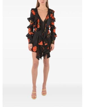 Philipp Plein Floral-Print Ruffled Mini Dress - Black