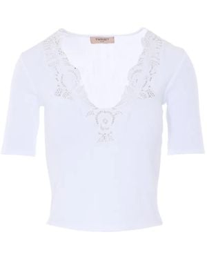 Twinset Lace-Detail Ribbed T-Shirt - White