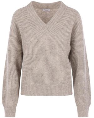 Brunello Cucinelli Ribbed-Knit V-Neck Jumper - Natural