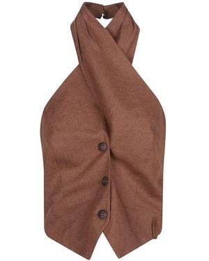 hinnominate Buttoned Twisted-Neck Top - Brown