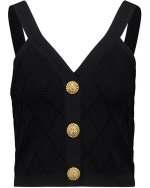 Balmain Quilted-Knit Button-Up Top - Black
