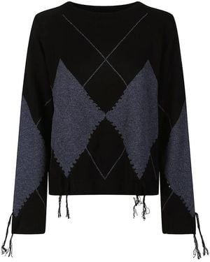 Pinko Argyle-Pattern Frayed-Detail Sweater - Black