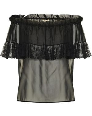 Saint Laurent Lace-Trimmed Ruffled Top - Black
