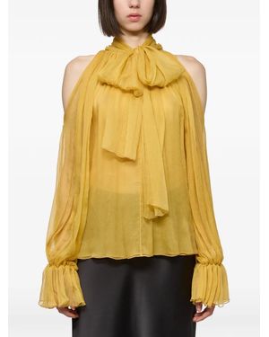 Atu Body Couture Cold-Shoulder Pussy-Bow Blouse - Yellow