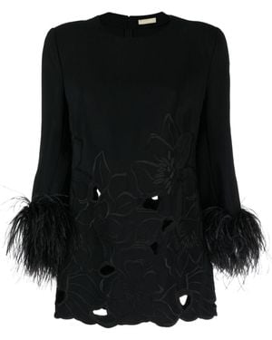 Elie Saab Floral-Appliqué Feather-Trim Minidress - Black