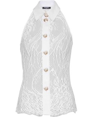 Balmain Lace Halterneck Buttoned Top - White