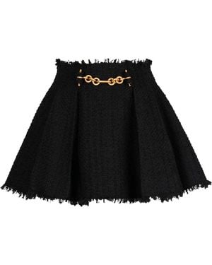 Balmain Pleated Flared Tweed Skirt - Black
