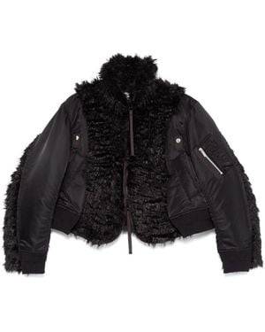 Sacai Panelled Faux-Fur High-Neck Cropped Jacket - Black