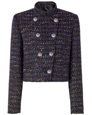 Pinko Cropped Bouclé Tweed Jacket With Metal Buttons - Blue