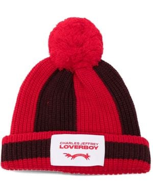 Charles Jeffrey Striped Pompom Beanie Hat - Red