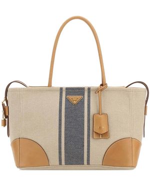 Prada Large Leather-Trim Tote Bag - Natural