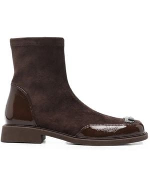 Linda Baumann Patent-Panelled Plaque-Detail Ankle Boots - Brown