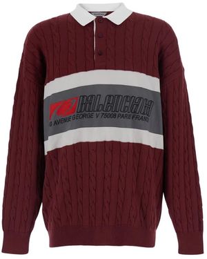 Balenciaga Cable-Knit Logo-Print Polo Shirt - Red