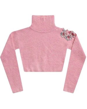 Area Crystal-Cluster Flower Turtleneck Sweater - Pink