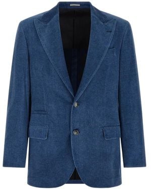 Brunello Cucinelli Peak-Lapel Cotton Blazer - Blue