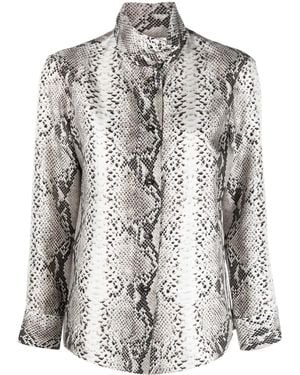 Alberto Biani Snakeskin-Print High-Neck Silk Shirt - Brown