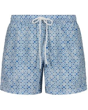 Fedeli Geometric-Print Drawstring-Waist Swim Shorts - Blue
