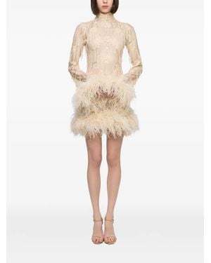Atu Body Couture Sequin-Embellished Feather-Trim Dress - Natural