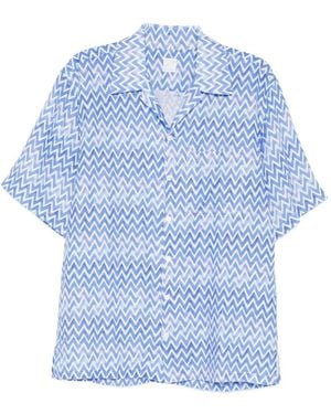 120% Lino Chevron-Print Short-Sleeved Shirt - Blue