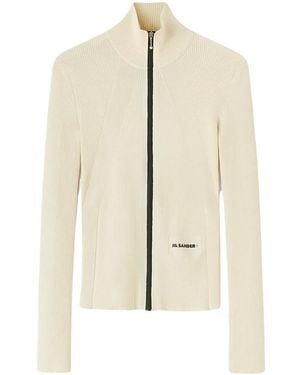Jil Sander Logo-Embroidered Ribbed-Knit Cardigan - Natural