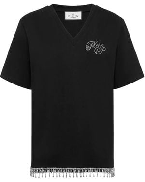 Philipp Plein Signature-Embellished V-Neck T-Shirt - Black