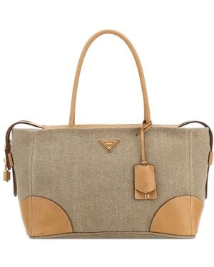 Prada Large Leather-Trim Canvas Tote Bag - Natural