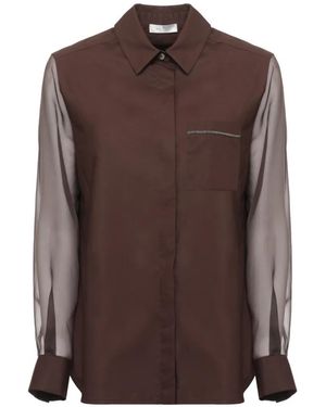 Panicale Sheer-Sleeve Button-Back Shirt - Brown