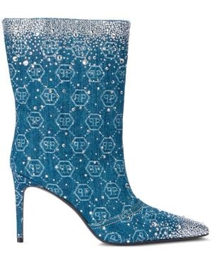 Philipp Plein Strass 9 Monogram Rhinestone Denim Boots - Blue