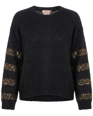 Twinset Sequin-Embellished Striped-Details Crew-Neck Jumper - Black
