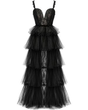 AKNVAS Tiered Lace-Overlay Gown - Black