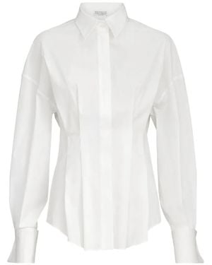 Brunello Cucinelli Stretch Blouse Van Katoenen Popeline Met Plooien - Wit