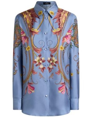 Etro Silk Shirt With Placed Floral Paisley Print - Blue