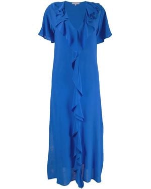 Gold Hawk Ruffle-Trim V-Neck Long Dress - Blue