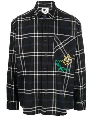President's Flannel Check Embroidered Flower Shirt - Black
