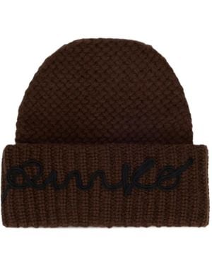Pinko Logo-Embroidered Ribbed-Knit Beanie Hat - Brown