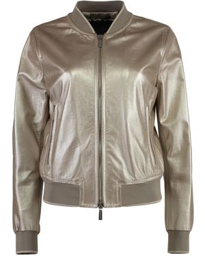 Moorer Metallic-Effect Leather Bomber Jacket - Brown