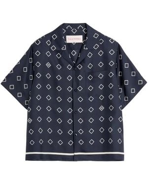 Valentino Garavani Silk Twill Bowling Shirt With Opticool Print - Blue