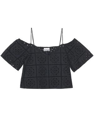 Ganni Broderie Anglaise Cropped Top - Black