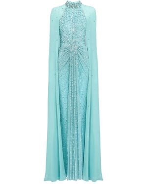 Jenny Packham Thea Embellished Cape Maxi Dress - Blue