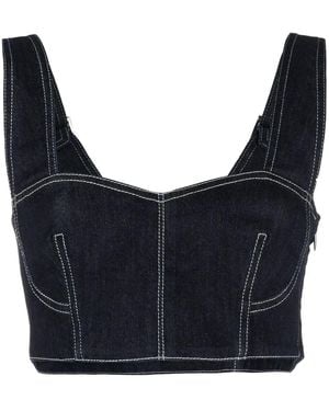 Alberta Ferretti Cropped Contrast-Stitch Bustier Top - Blue
