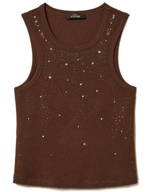Twinset Ribbed Top With Embroidery - Brown