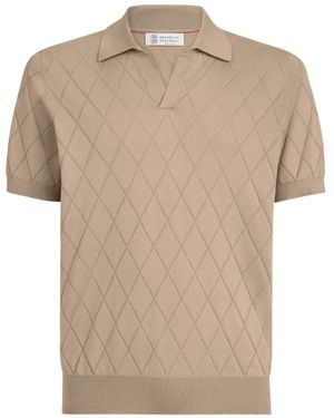 Brunello Cucinelli Cotton Textured Argyle Lightweight Knit Polo Shirt - Natural