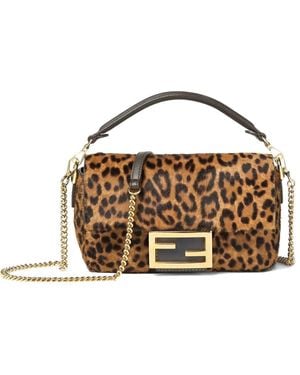Fendi Mini Baguette Leopard-Print Chain Tote Bag - Metallic