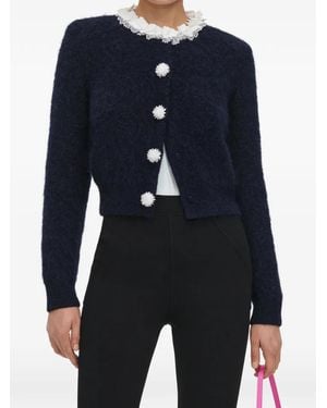 Self-Portrait Flower Pearl-Trim Knit Sweater - Blue