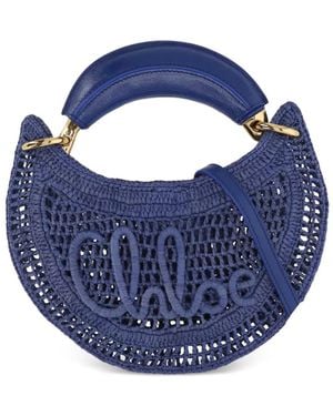 Chloé Mini Summer Banana Logo-Embroidered Raffia Crossbody Bag - Blue
