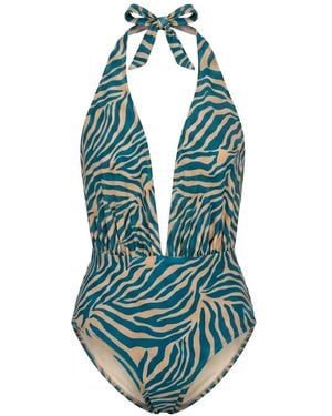 Anjuna Zebra-Print Halterneck Swimsuit - Blue