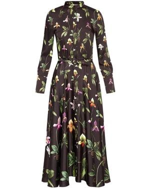 Oscar de la Renta Orchid Silk Twill Midi Dress - Black