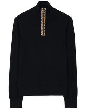 Burberry Wollpullover Mit Karobesatz Und Kurzem Reißverschluss - Schwarz