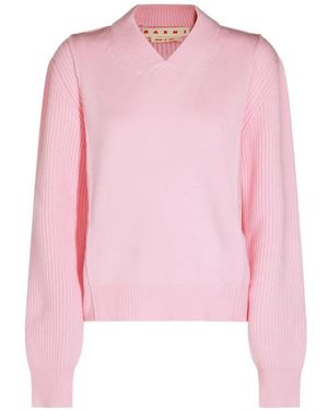 Marni Ribbed-Knit V-Neck Jumper - Pink