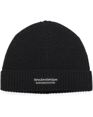 New Amsterdam Logo-Print Ribbed Beanie Hat - Black